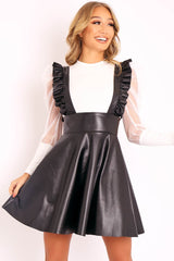 Black Faux Leather Frill Pinafore Dress - Elanna-Dresses