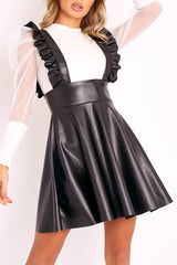 Black Faux Leather Frill Pinafore Dress - Elanna-Dresses