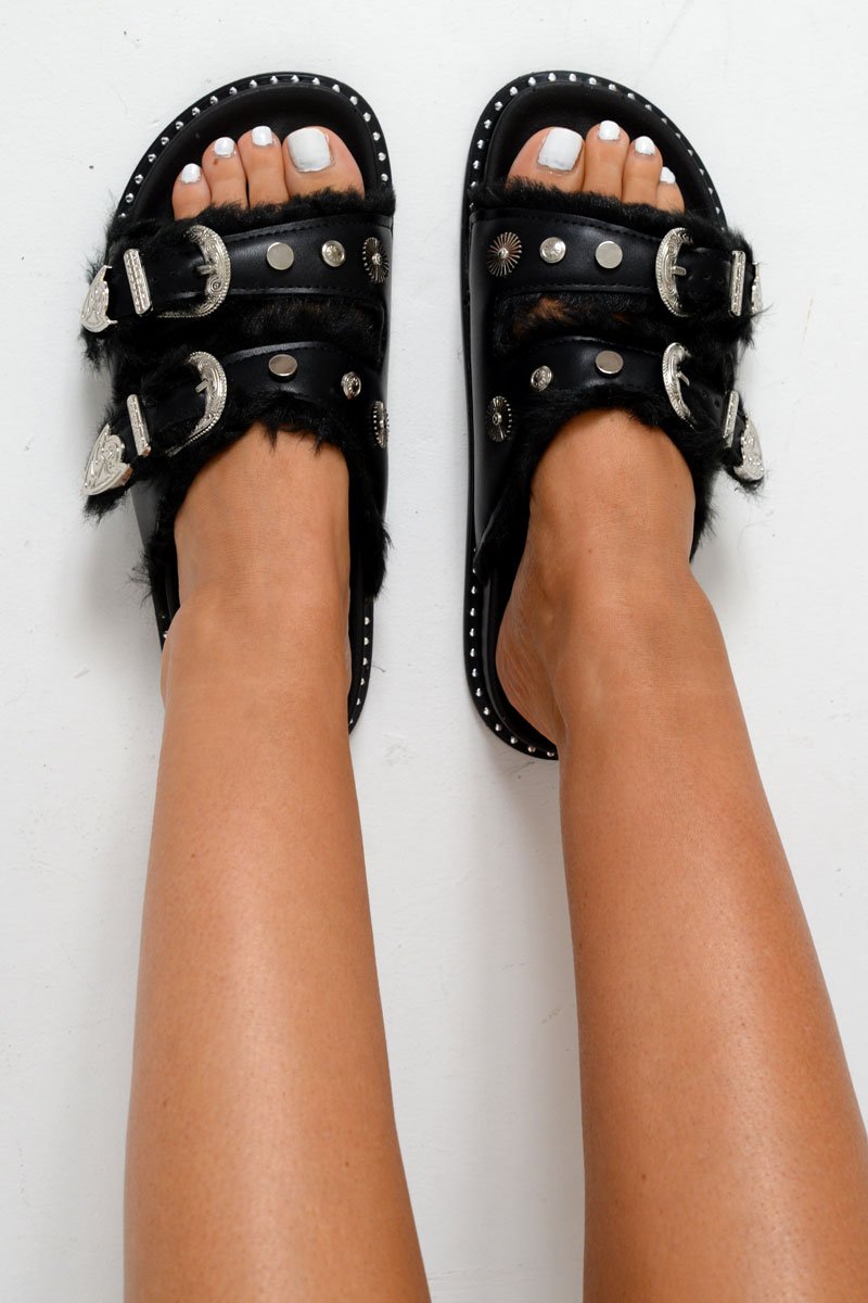 Black Faux Leather Fur Buckle Sliders - Kaily-Sliders