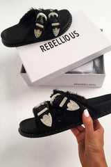Black Faux Leather Fur Buckle Sliders - Kaily-Sliders