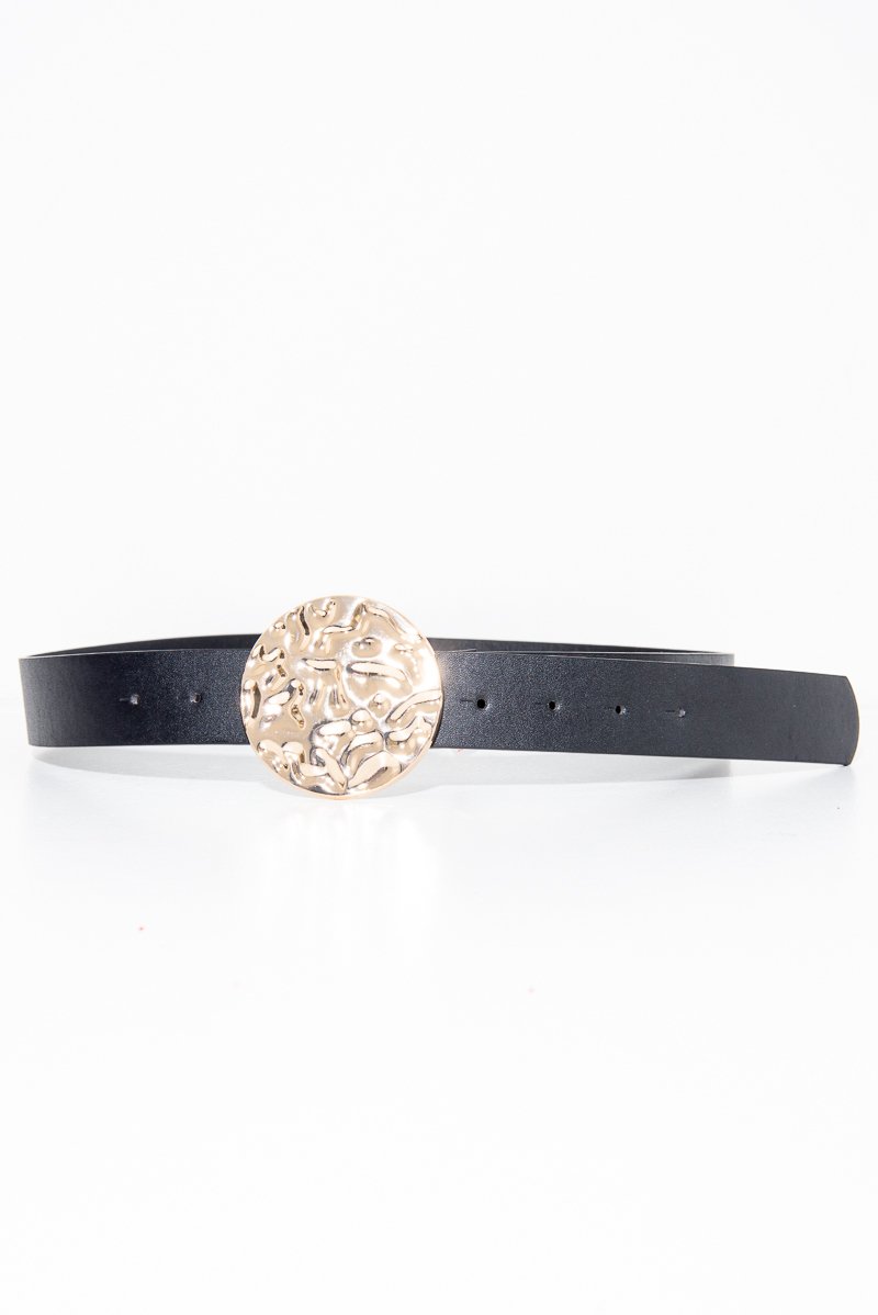 Black Faux Leather Gold Hammered Disc Belt - Melyssa-Belts