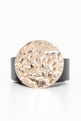 Black Faux Leather Gold Hammered Disc Belt - Melyssa-Belts