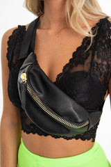 Black Faux Leather Gold Zip Detail Bum Bag - Linsy-Bags