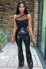 Black Faux Leather High Waist Flared Trousers - Tori-Trousers