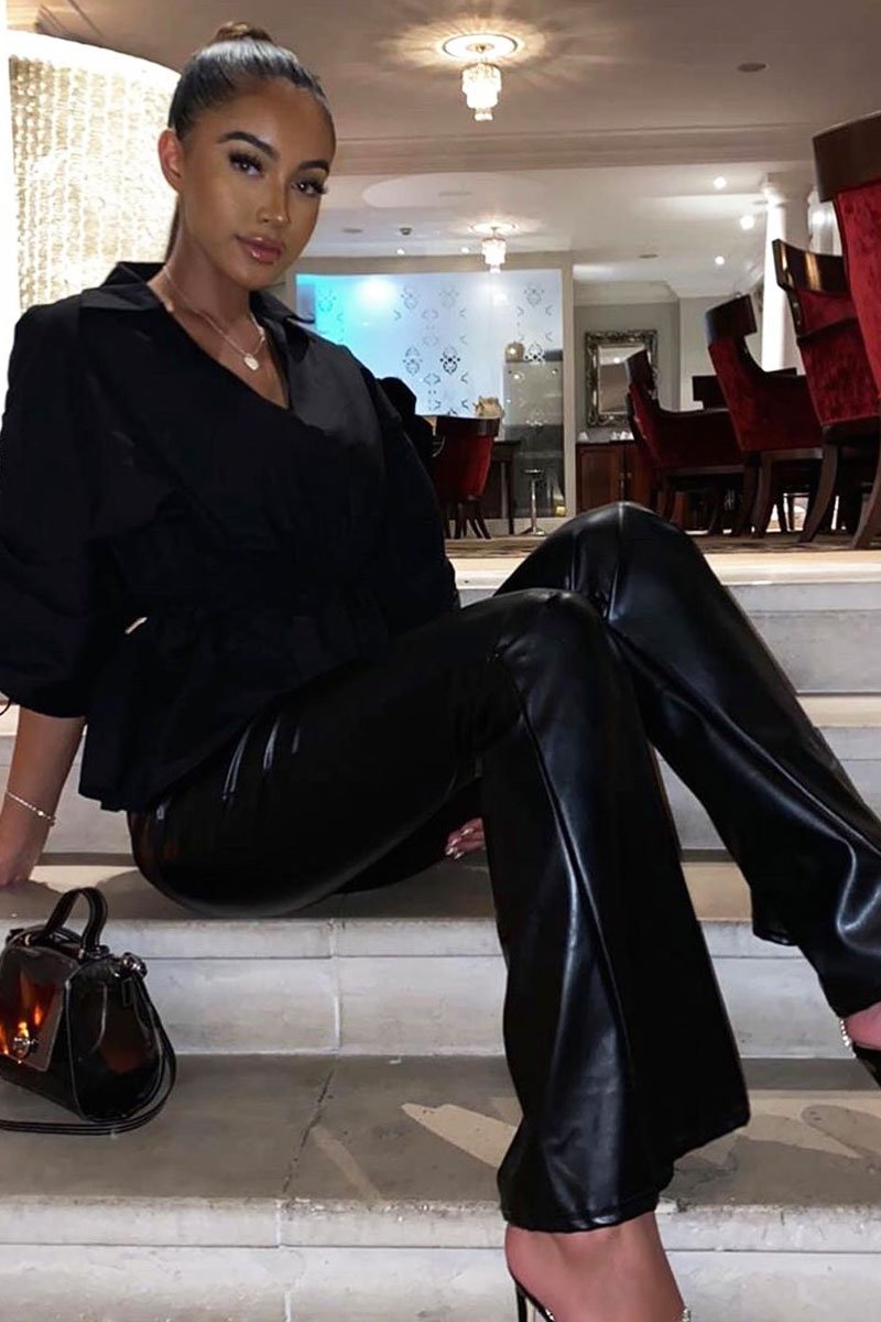 Black Faux Leather High Waist Flared Trousers - Tori-Trousers