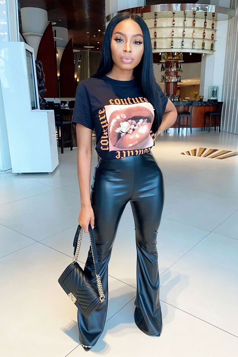 Black Faux Leather High Waist Flared Trousers - Tori-Trousers