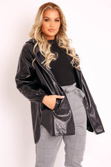 Black Faux Leather Hooded Jacket - Cerena-Jackets