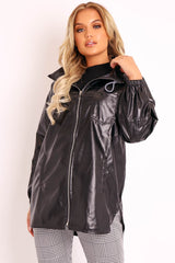 Black Faux Leather Hooded Jacket - Cerena-Jackets