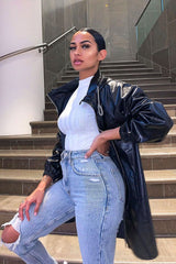 Black Faux Leather Hooded Jacket - Cerena-Jackets