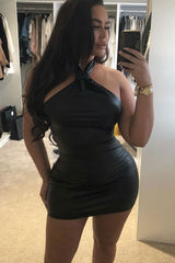 Black Faux Leather Knot Halterneck Dress - Kylie-Dresses
