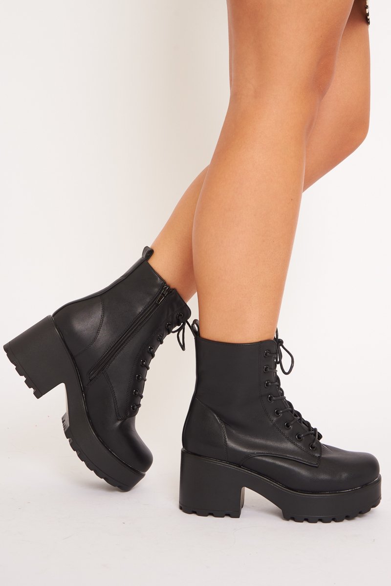 Black Faux Leather Lace Up Heeled Boots - Haddley-Boots