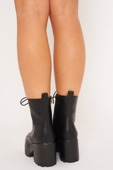 Black Faux Leather Lace Up Heeled Boots - Haddley-Boots
