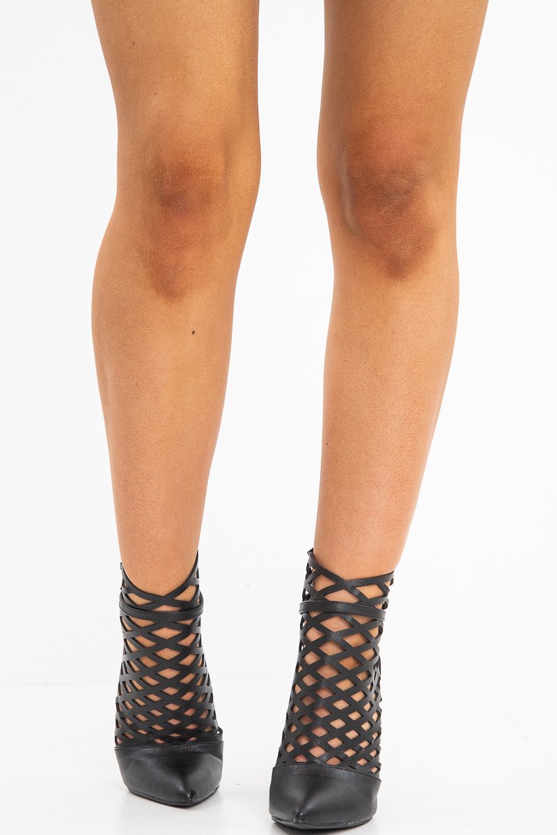 Black Faux Leather Laser Cut Pointed Toe Heeled Boots - Jozelyn-Heels