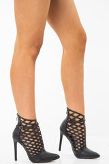 Black Faux Leather Laser Cut Pointed Toe Heeled Boots - Jozelyn-Heels