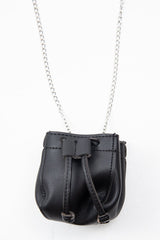 Black Faux Leather Mini Drawstring Bag - Cailey-Bags