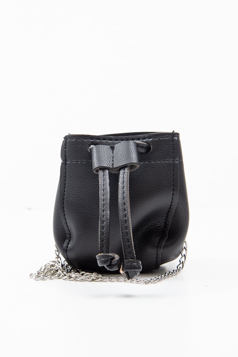 Black Faux Leather Mini Drawstring Bag - Cailey-Bags