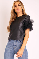 Black Faux Leather Organza Frill T-shirt - Maegan-T-shirt