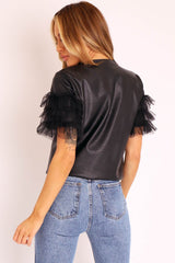 Black Faux Leather Organza Frill T-shirt - Maegan-T-shirt