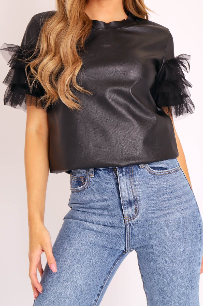 Black Faux Leather Organza Frill T-shirt - Maegan-T-shirt