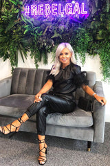 Black Faux Leather Organza Frill T-shirt - Maegan-T-shirt