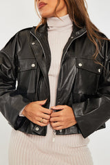 Black Faux Leather Oversized Utility Jacket - Catori-Jackets