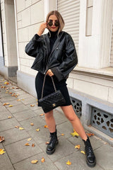 Black Faux Leather Oversized Utility Jacket - Catori-Jackets