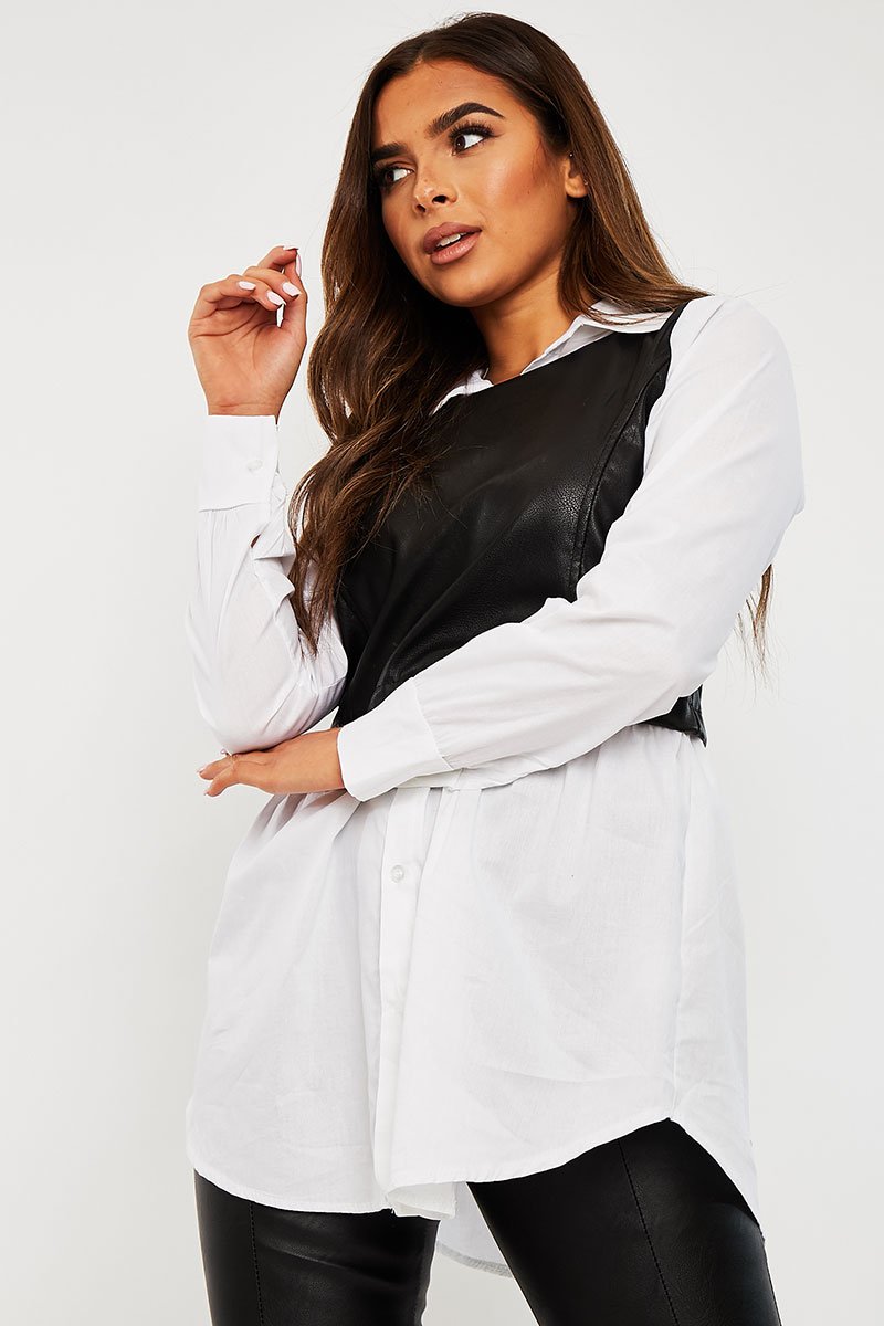 Black Faux Leather Panel White Shirt - Leacy-Shirts