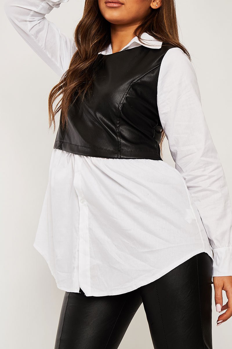 Black Faux Leather Panel White Shirt - Leacy-Shirts