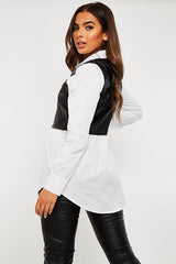 Black Faux Leather Panel White Shirt - Leacy-Shirts
