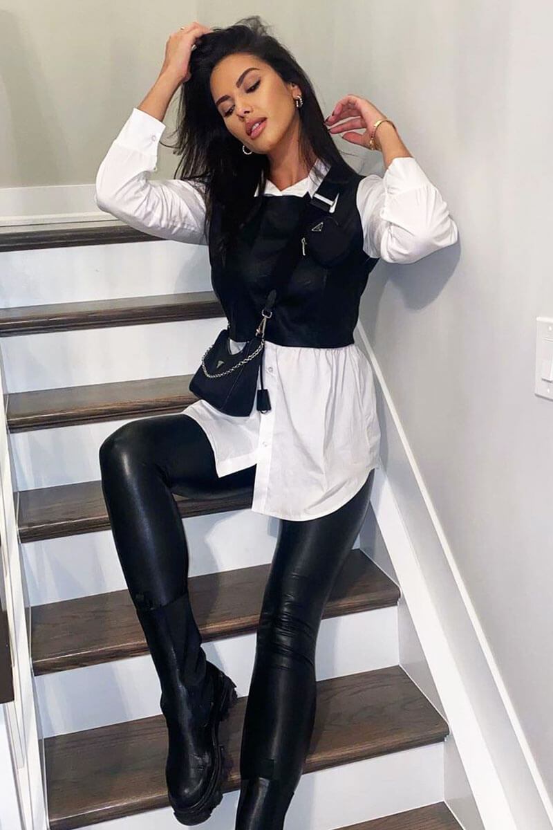 Black Faux Leather Panel White Shirt - Leacy-Shirts