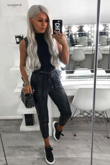 Black Faux Leather Paper Bag Belted Tapered Trousers - Lucia-Trousers