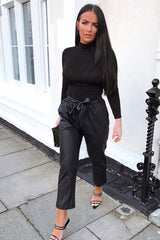 Black Faux Leather Paper Bag Belted Tapered Trousers - Lucia-Trousers