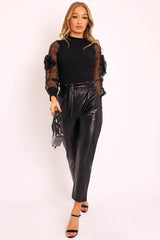 Black Faux Leather Paper Bag Belted Tapered Trousers - Lucia-Trousers