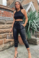 Black Faux Leather Paper Bag Belted Tapered Trousers - Lucia-Trousers