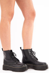 Black Faux Leather Platform Chunky Ankle Boots - Miami-Boots