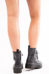 Black Faux Leather Platform Chunky Ankle Boots - Miami-Boots