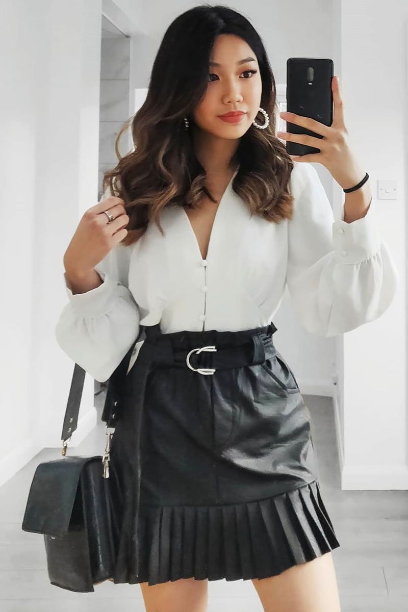 Black Faux Leather Pleated Belted Mini Skirt - Bex-Skirts