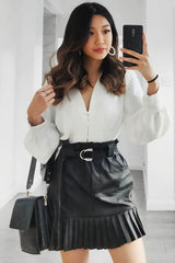 Black Faux Leather Pleated Belted Mini Skirt - Bex-Skirts