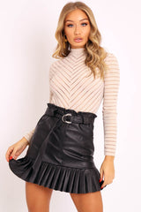 Black Faux Leather Pleated Belted Mini Skirt - Bex-Skirts