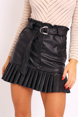 Black Faux Leather Pleated Belted Mini Skirt - Bex-Skirts