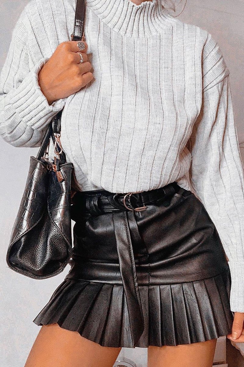 Black Faux Leather Pleated Belted Mini Skirt - Bex-Skirts