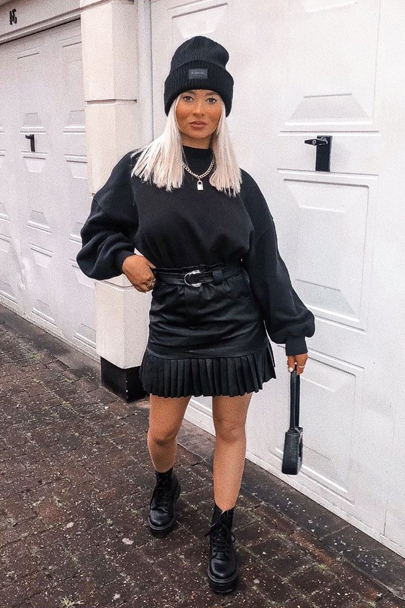 Black Faux Leather Pleated Belted Mini Skirt - Bex-Skirts