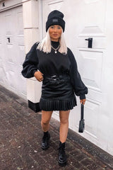 Black Faux Leather Pleated Belted Mini Skirt - Bex-Skirts