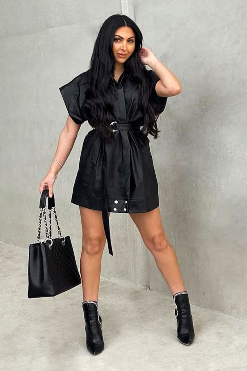 Black Faux Leather Plunge Belted Dress - Jaice-Dresses