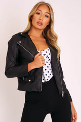 Black Faux Leather Pocket Detail Zip Front Jacket - Lara-Jackets