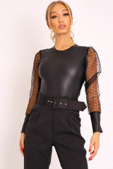 Black Faux Leather Polka Mesh Sleeve Bodysuit - Jannelly-Bodysuits