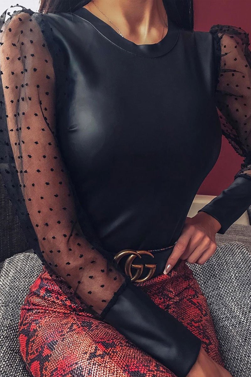 Black Faux Leather Polka Mesh Sleeve Bodysuit - Jannelly-Bodysuits