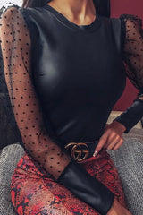 Black Faux Leather Polka Mesh Sleeve Bodysuit - Jannelly-Bodysuits