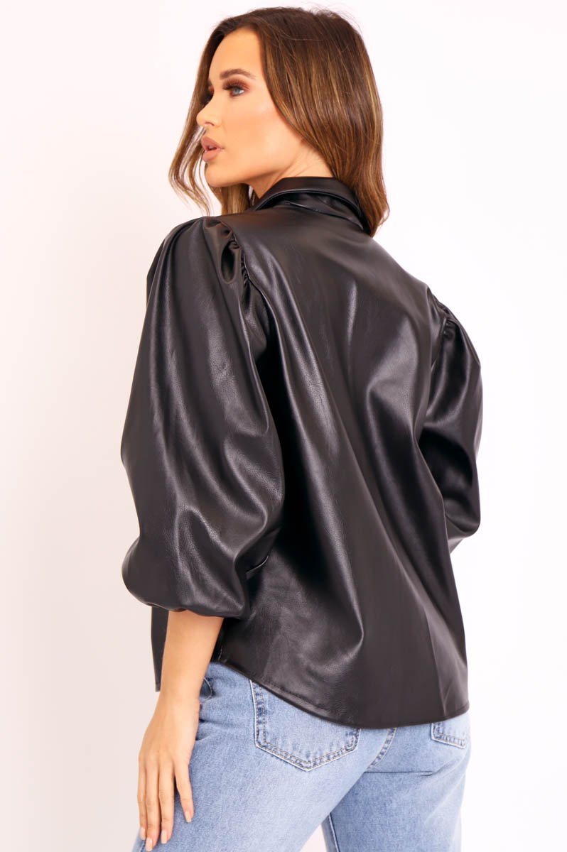 Black Faux Leather Puff Sleeve Shirt - Candace-Shirts