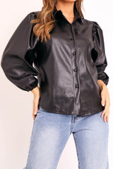 Black Faux Leather Puff Sleeve Shirt - Candace-Shirts